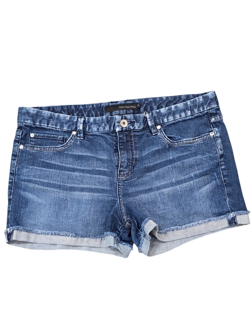 Calvin Klein Size 14 Women's Medium Wash Cuffed Denim Shorts Omega Pocket